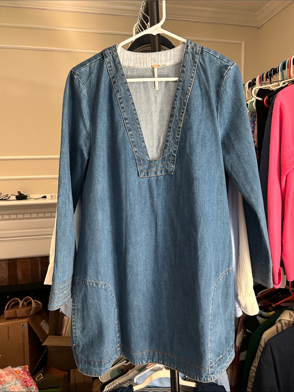 Free People Blue Denim V-Neck Tunic Dress